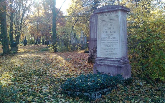 Senefelder's grave at Alter Suefriedhof cemetery in Munich. Senefelder's grave can be found at the Alter Suedfriedhof cemetery in Munich